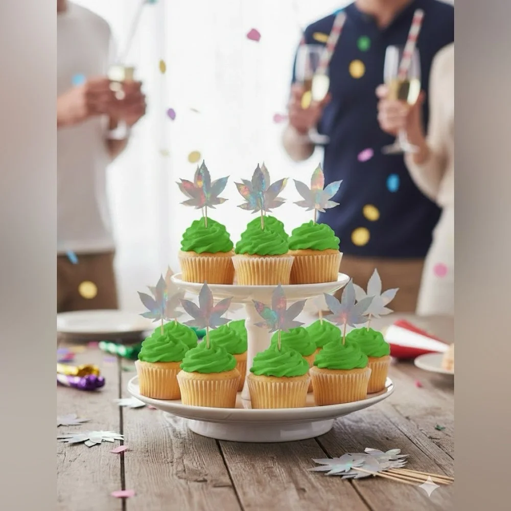 Marijuana Weed Leaf Festive Cupcake Toppers for Parties
